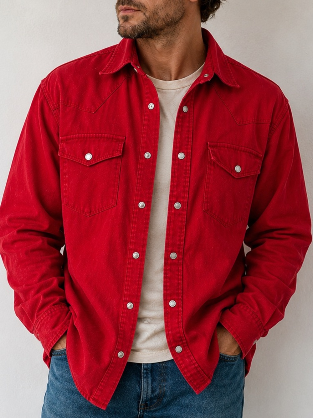 Denim Red Western Pearl Snap Shirt 100% Cotton Oversized Size M unisex